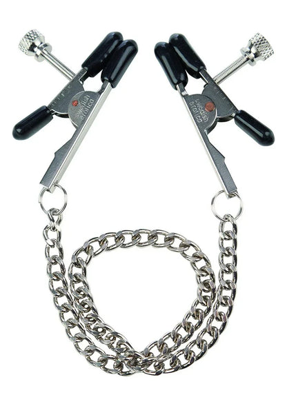Tepelklemmen met twee zwarte bull-nose klemmen en zilverkleurige ketting