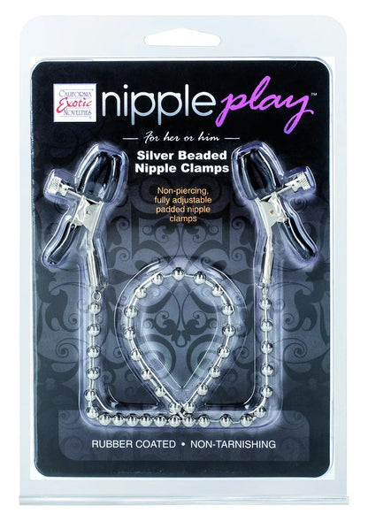 Verpakking met zilverkleurige nippelklemmen met kralenketting, rubbercoating en blister
