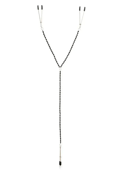 Tepelklemmen met lange zwarte ketting en twee zilverkleurige bevestigingshaken