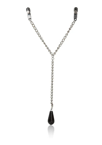 Gewogen tepelklemmen met twee klemmen en lange ketting; zwart druppelgewicht onderaan.