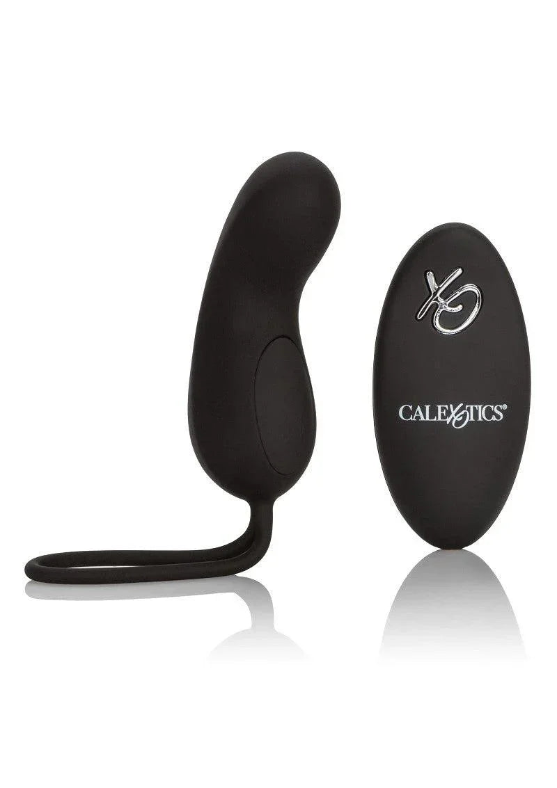 Zwarte siliconen G-spot vibrator met gebogen vorm en lange steel