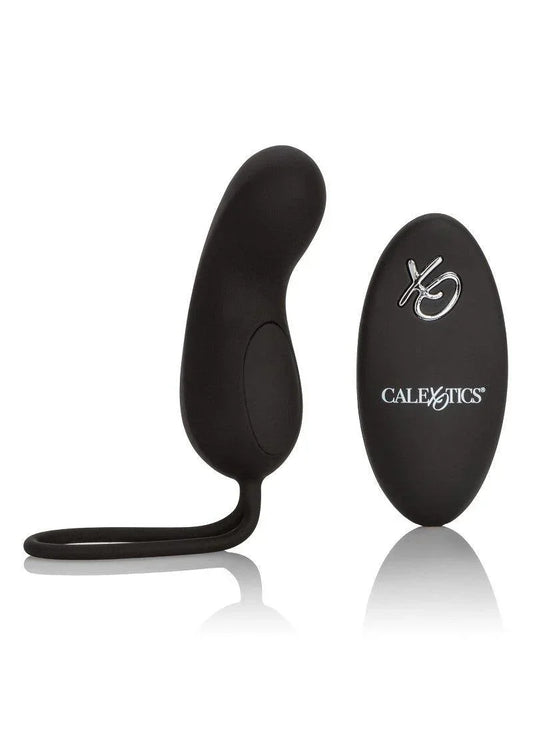 Zwarte siliconen G-spot vibrator met gebogen vorm en lange steel