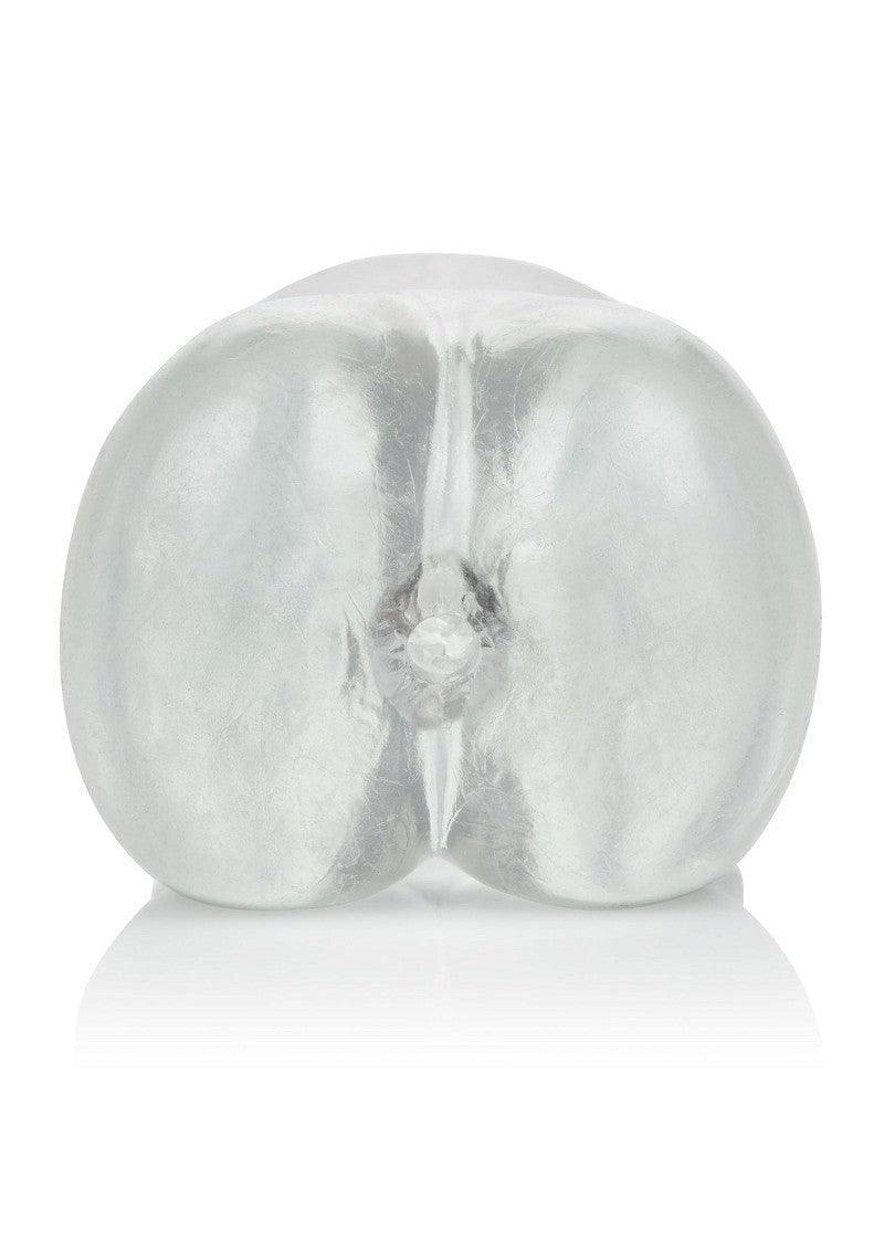 Zilverkleurige anatomische masturbator met twee ronde lobbels aan de achterkant