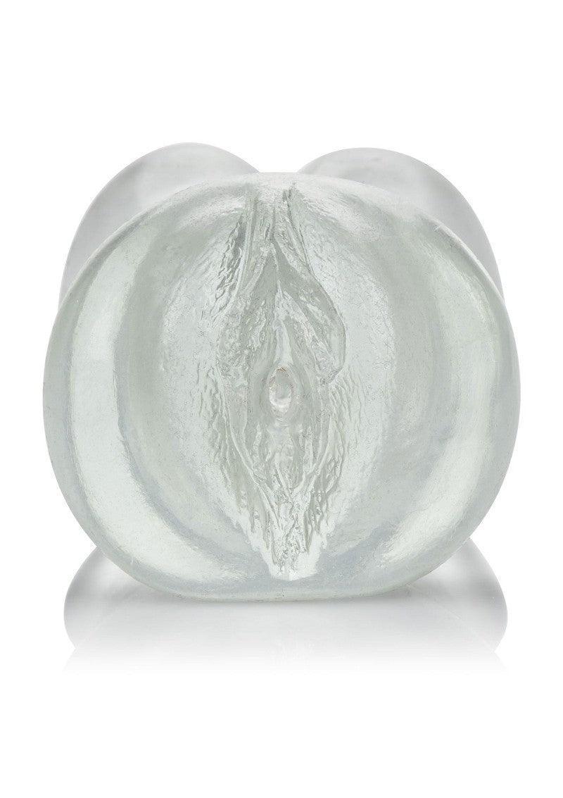 Zilverkleurige anatomische masturbator met afgeronde opening en gedetailleerde textuur