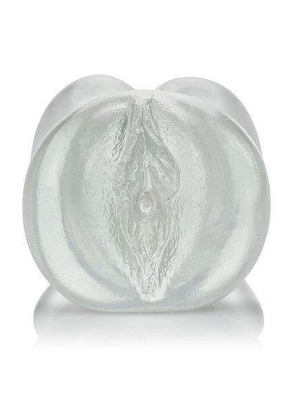 Zilverkleurige anatomische masturbator met afgeronde opening en gedetailleerde textuur