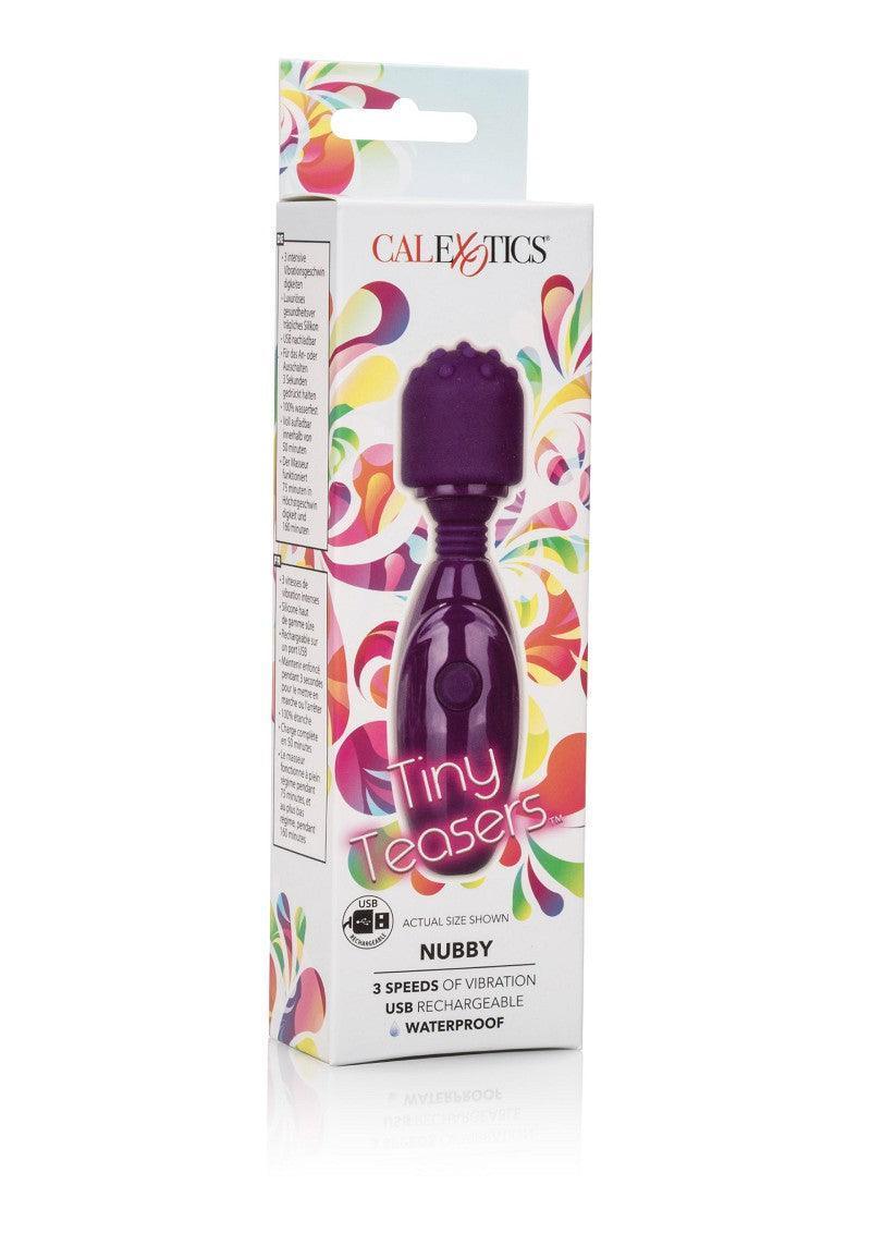 Verpakking van paarse CalExotics Tiny Teasers NUBBY vibrator, waterdicht