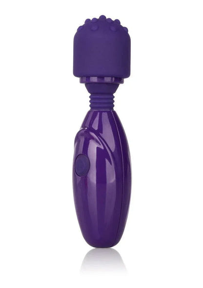 Paarse kleine vibrator met noppenkop, glanzende behuizing en ovale knop