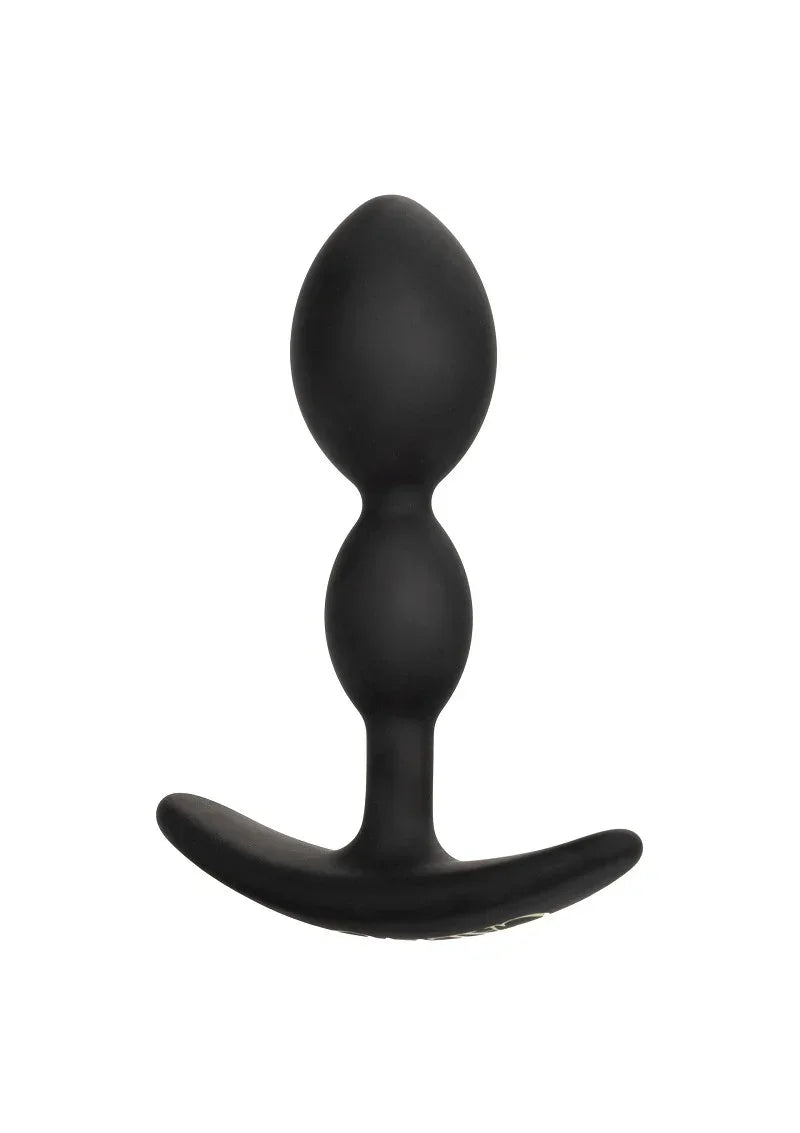 Zwarte teardrop anale plug met ronde basis en brede flens, glad oppervlak.