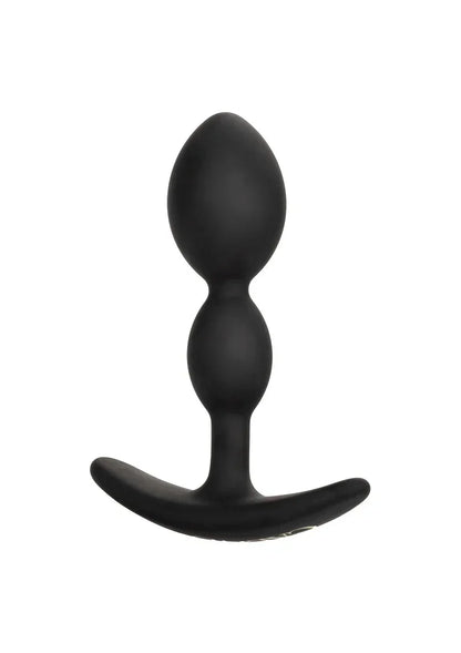 Zwarte teardrop anale plug met ronde basis en brede flens, glad oppervlak.