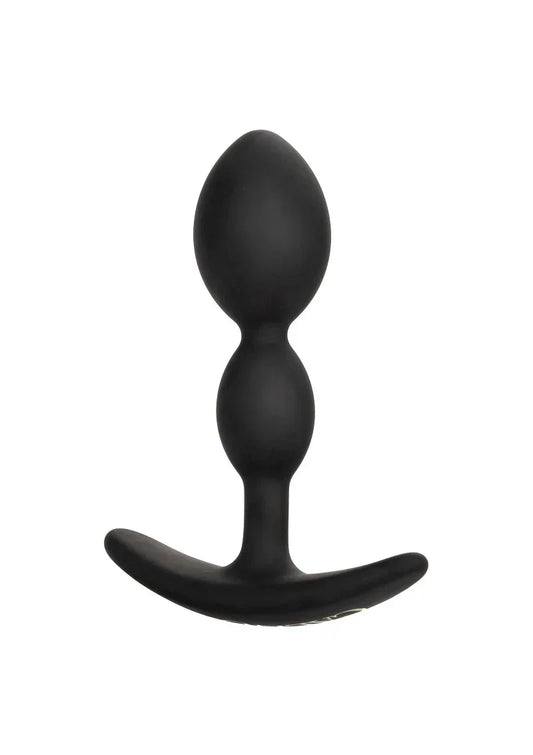 Zwarte teardrop anale plug met ronde basis en brede flens, glad oppervlak.