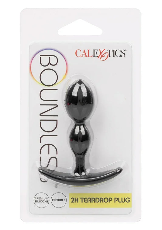 Verpakking van CalExotics 2X teardrop plug; zwart model, premium siliconen.