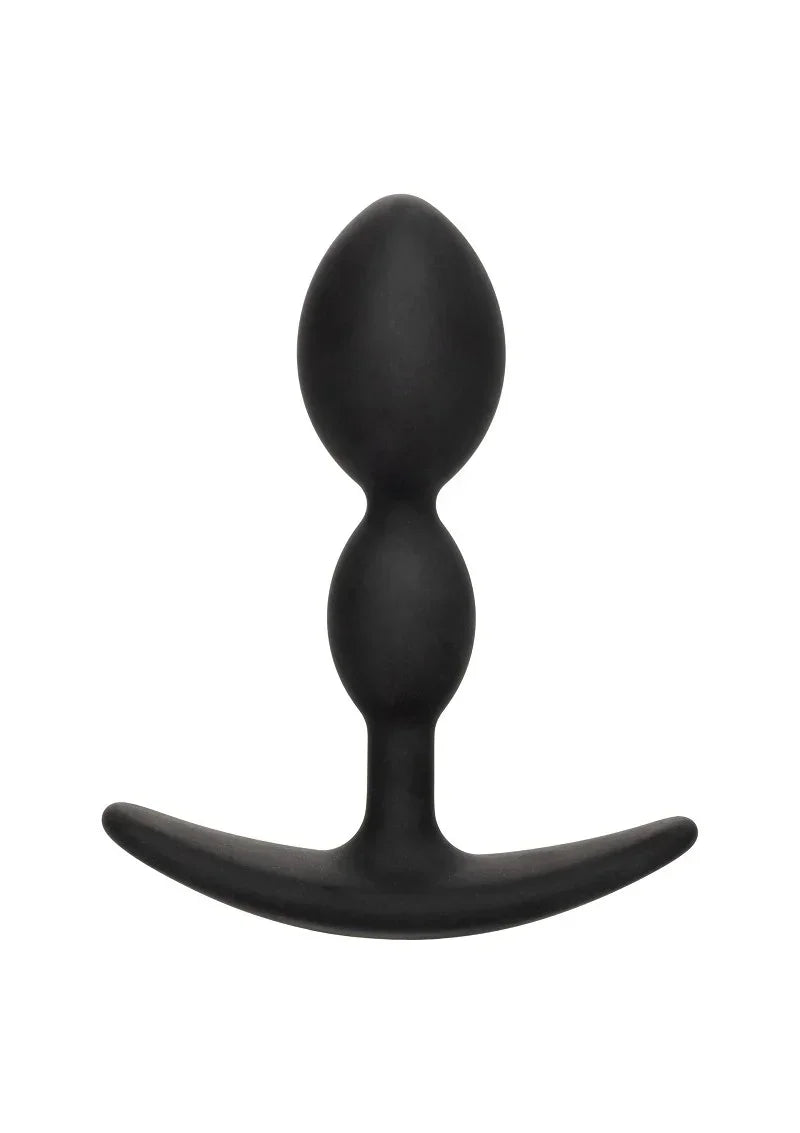 Zwarte teardrop anale plug met gebogen steun en afgeronde flens, glad oppervlak.