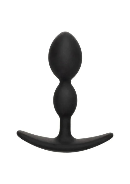 Zwarte teardrop anale plug met gebogen steun en afgeronde flens, glad oppervlak.