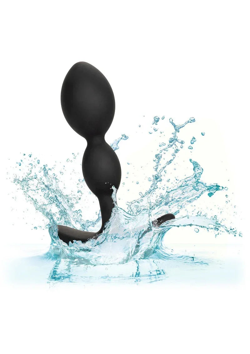 Zwarte teardrop anale plug met staande vorm en afgeronde flens, glad oppervlak.