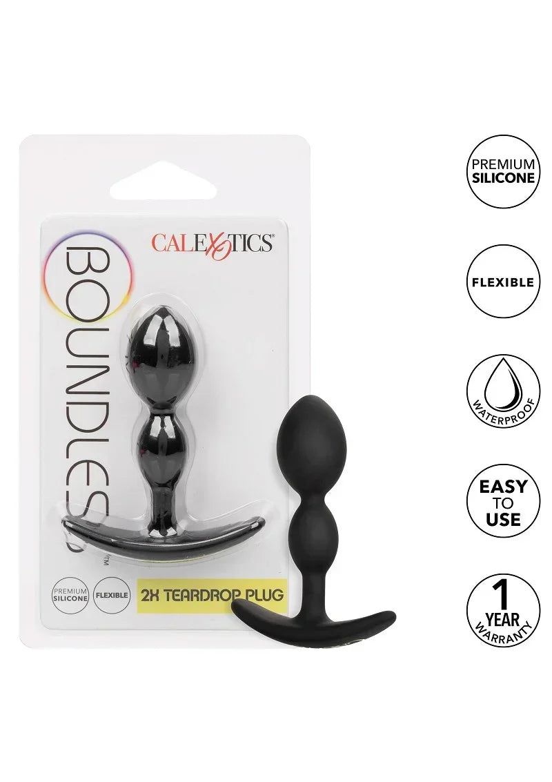 CalExotics 2X teardrop plug verpakking met badges: premium silicone, flexibel en waterproof.