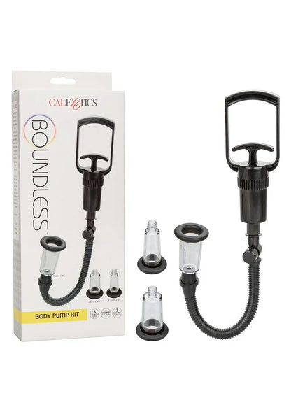 Body pump kit met zwarte handgreep en slang, met losse opzetstukken en doos