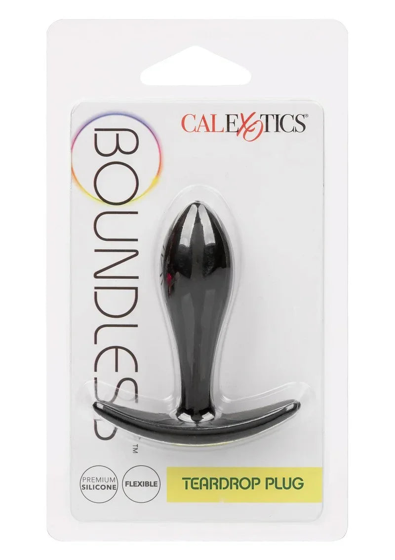 Zwarte teardrop plug in doorzichtige blister, met brede voet en handgreep
