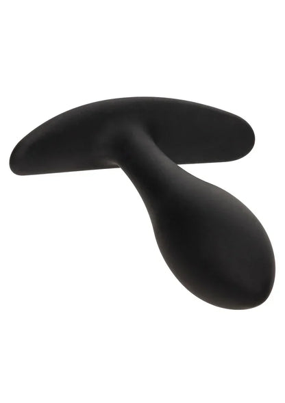 Zwarte teardrop plug met brede vleugelvormige basis en gladde vorm