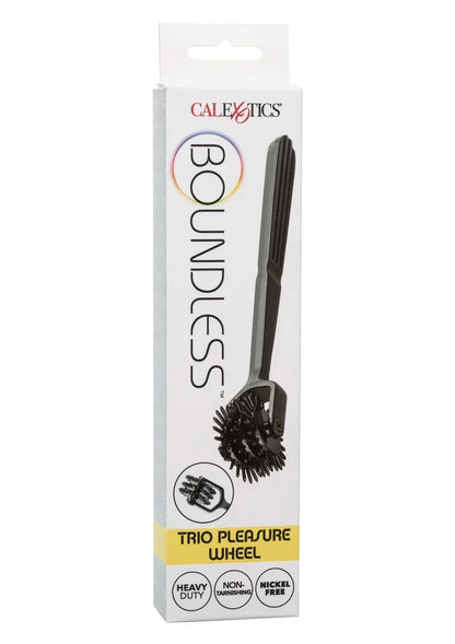 CalExotics Trio Pleasure Wheel verpakking met zwarte draaiborstel op handgreep.