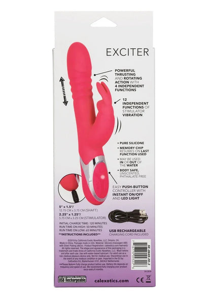 CalExotics doosachterzijde met roze konijnvibrator, specificaties en USB-laadinformatie