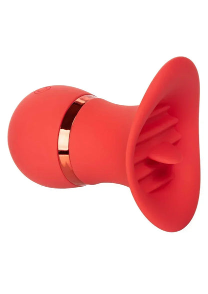 Rode teaser-vibrator met brede schijfkop en geribbelde binnenrand