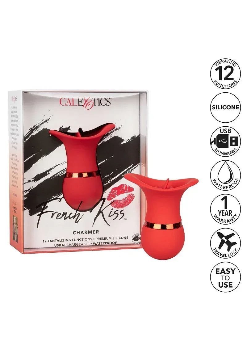 Verpakte rode CalExotics teaser-vibrator met productlabels op de verpakking