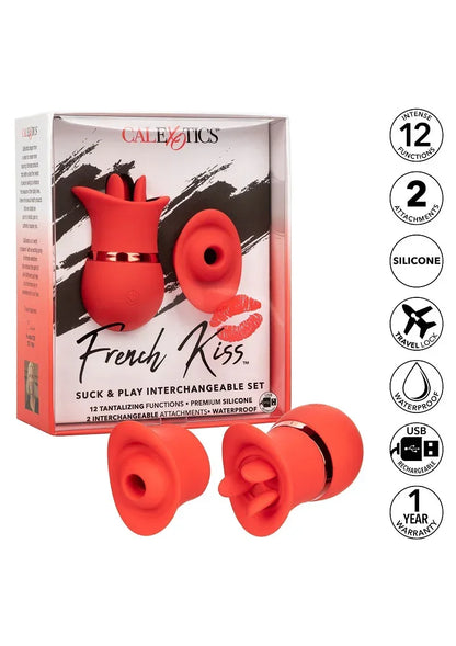 CalExotics French Kiss setdoos met twee rode opzetstukken en USB-pictogram.