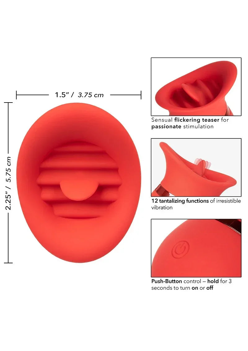Rode siliconen vibrator met ribbels en afmetingsoverzicht op verpakking