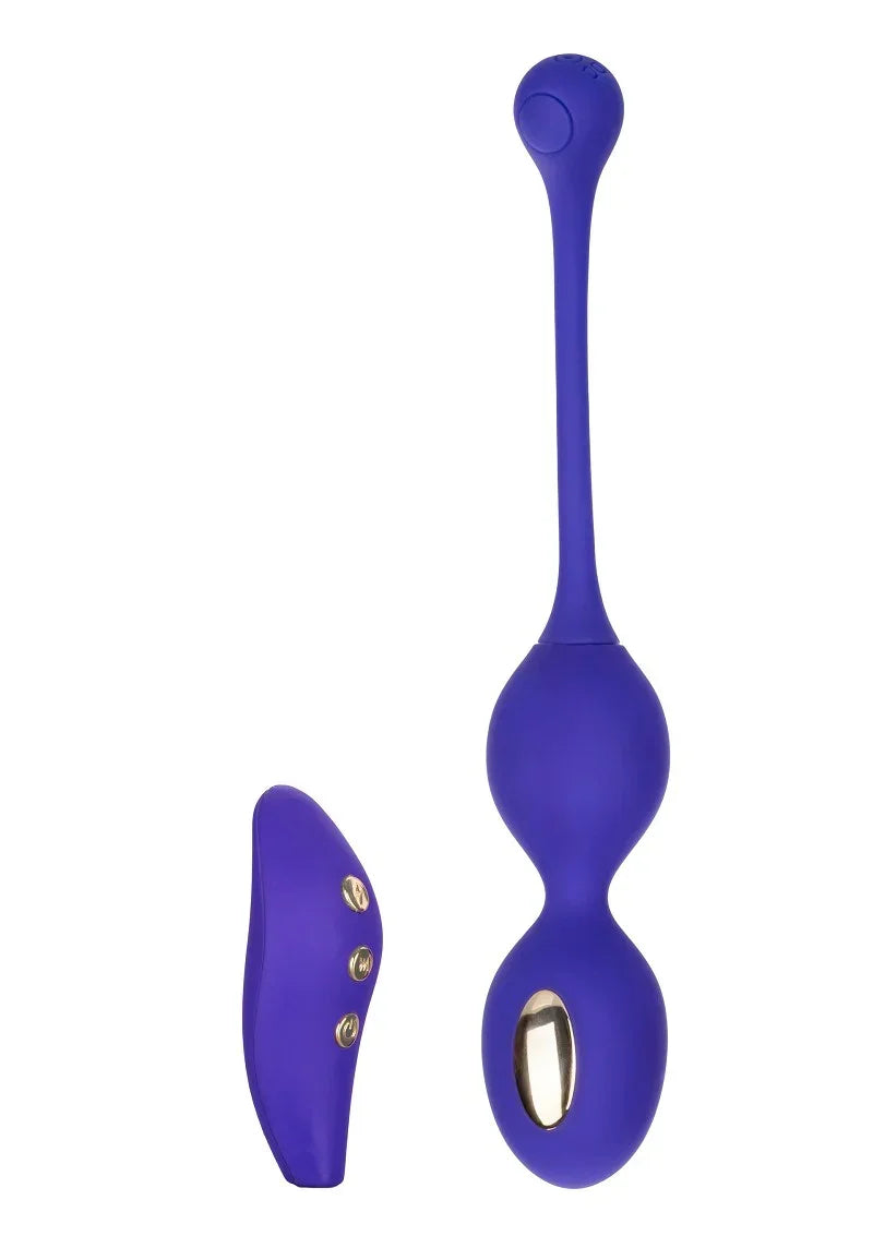 Donkerblauwe dual-kegel stimulator met gouden ovale inzet en los afstandsbedieningspaneel