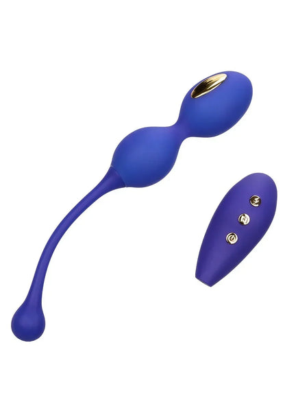 Donkerblauwe dual-kegel stimulator met afstandsbediening, gouden ovale inzet