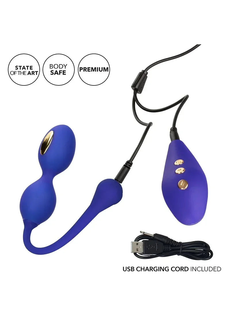 Blauwe dual-kegel stimulator met afstandsbediening en USB-oplaadkabel