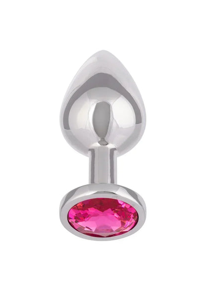 Glanzende metalen anale plug met druppelvormige flens en roze edelsteen vooraan.