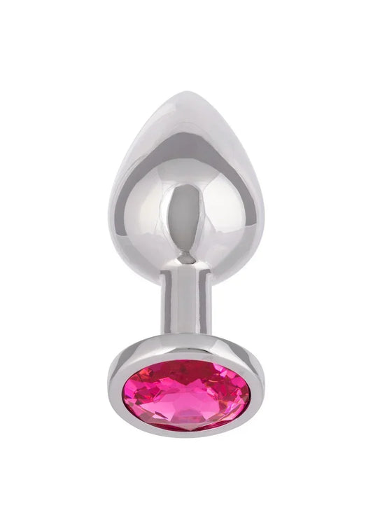 Glanzende metalen anale plug met druppelvormige flens en roze edelsteen vooraan.