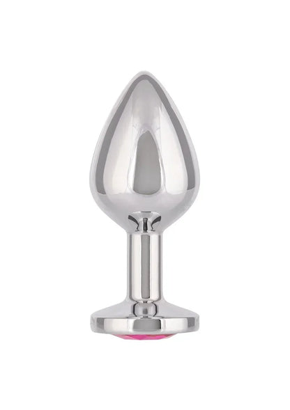 Metalen anale plug met druppelvormige flens en kleine roze steen onderaan.
