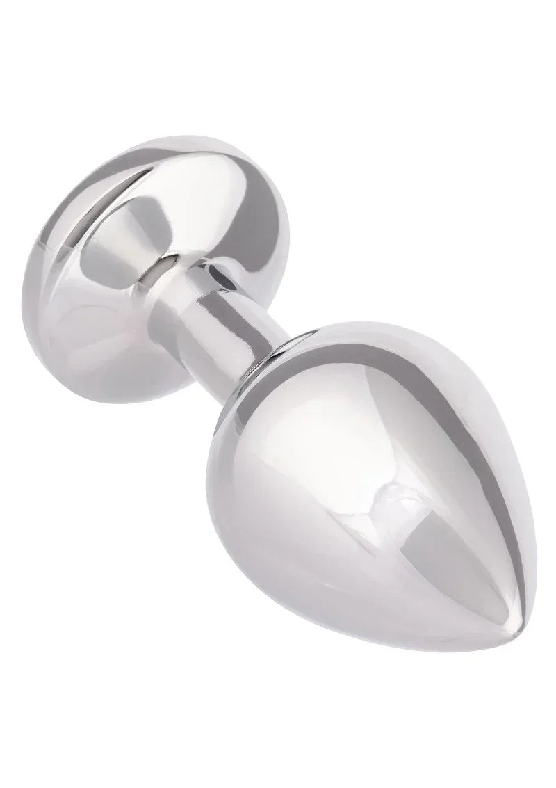 Metalen anale plug met afgeronde flens en spiegelglans, zijaanzicht.