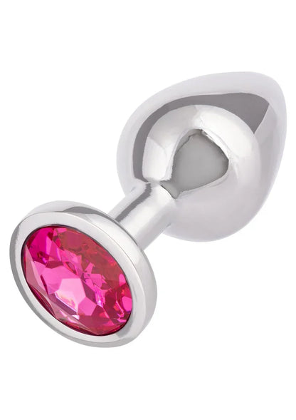 Metalen anale plug met ovale roze edelsteen en afgeronde flensrand.