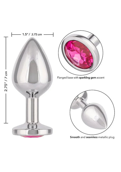 Ontwerp met afmetingen van metalen anale plug met roze edelsteen en glad oppervlak.