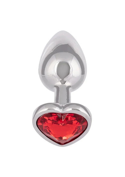 Metalen anale plug met rood hartvormig inzetstuk en koepelvormige flens