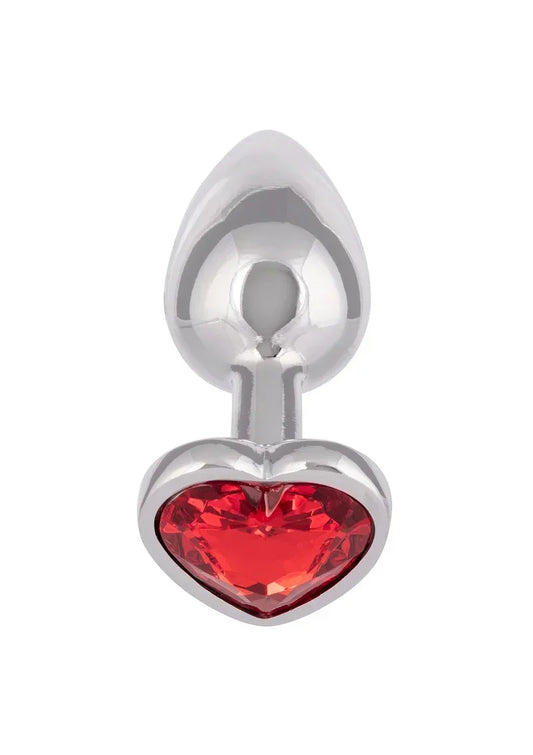 Metalen anale plug met rood hartvormig inzetstuk en koepelvormige flens