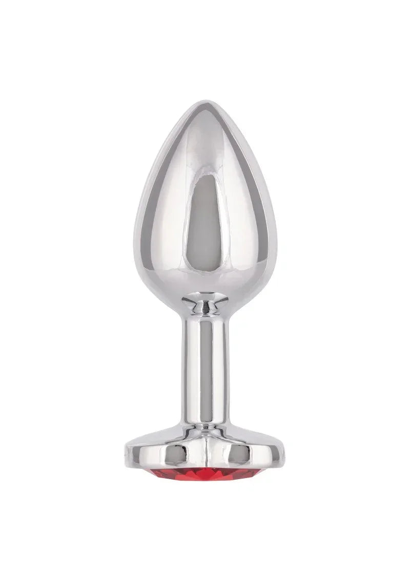 Zilverkleurige metalen plug met koepelvormige basis en rood hartinzetstuk