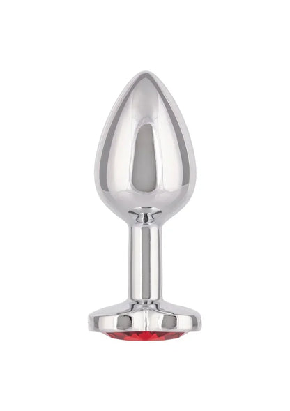 Zilverkleurige metalen plug met koepelvormige basis en rood hartinzetstuk
