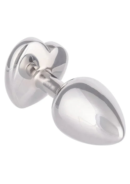 Metalen anale plug in zilverkleur met rood hartinzetstuk, zijaanzicht