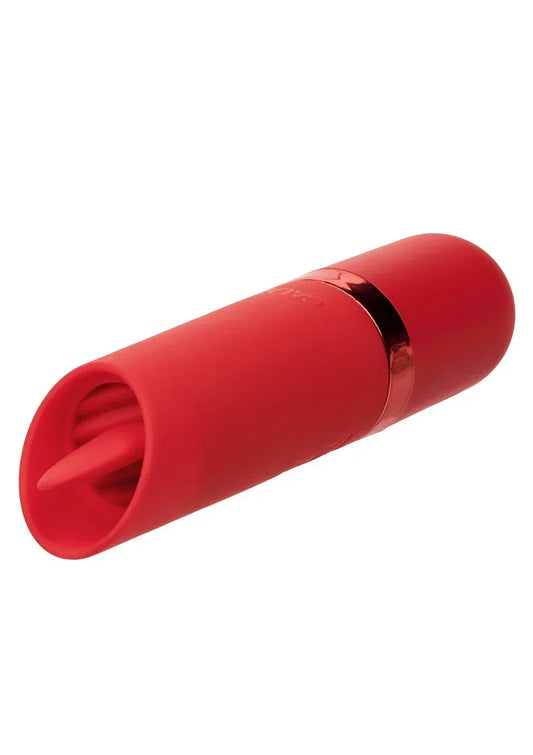 Rode mini vibrator in lippenstiftvorm met ronde opening en zwart metalen ring.