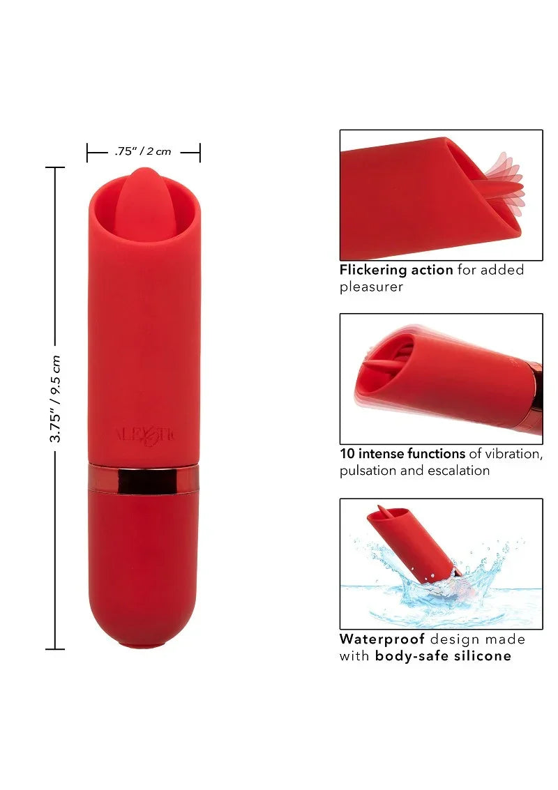 Rode lipstick-vibrator van siliconen met zwarte onderknop en ronde open kop.