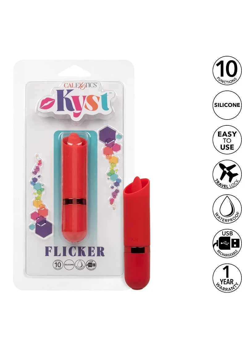 CalExotics Kyst Flicker mini vibrator in blisterverpakking met rode siliconen staaf.