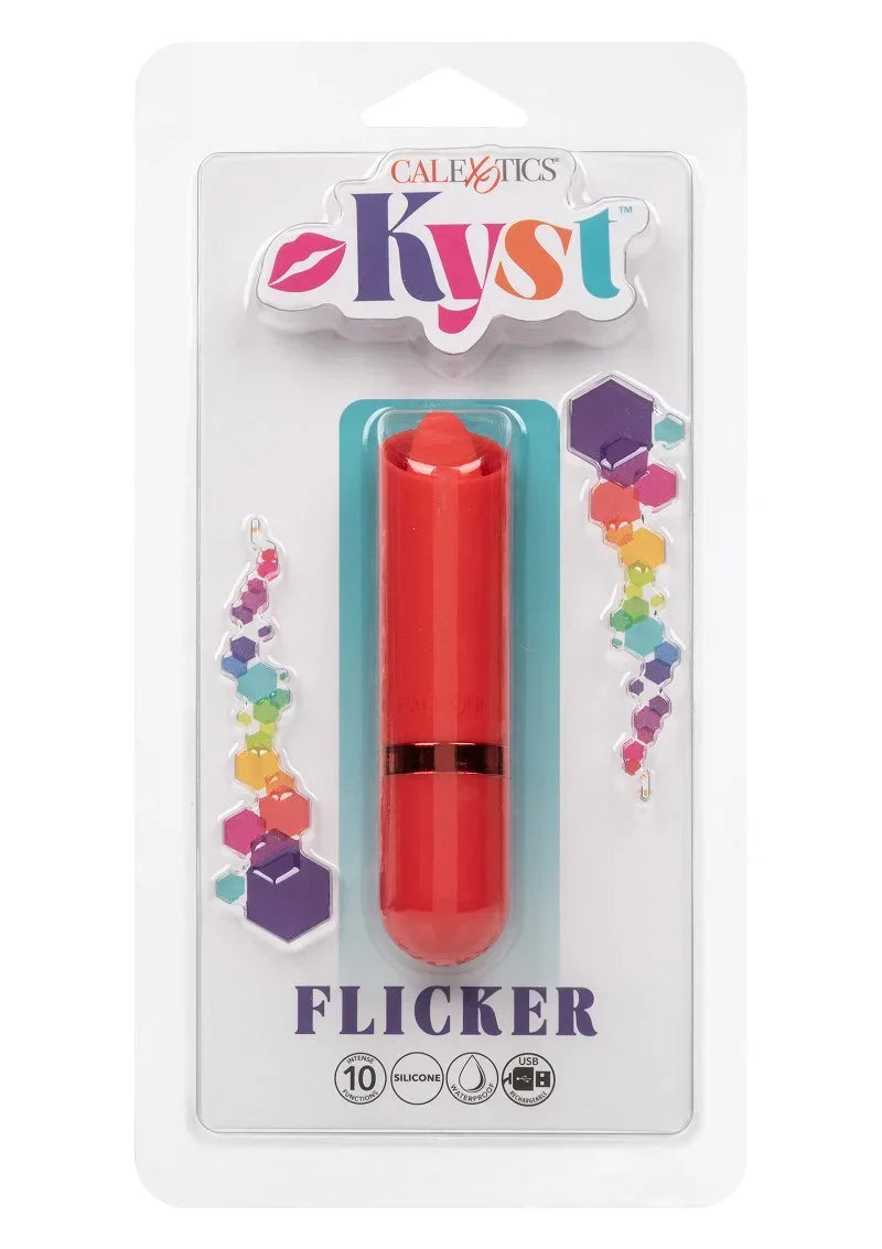 Verpakte Kyst Flicker lippenstiftvormige mini vibrator in rood met accessoires op kaart.