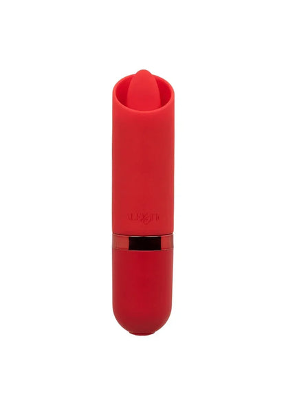 Rode lippenstiftvormige mini vibrator met brede dop en zwarte onderrand.