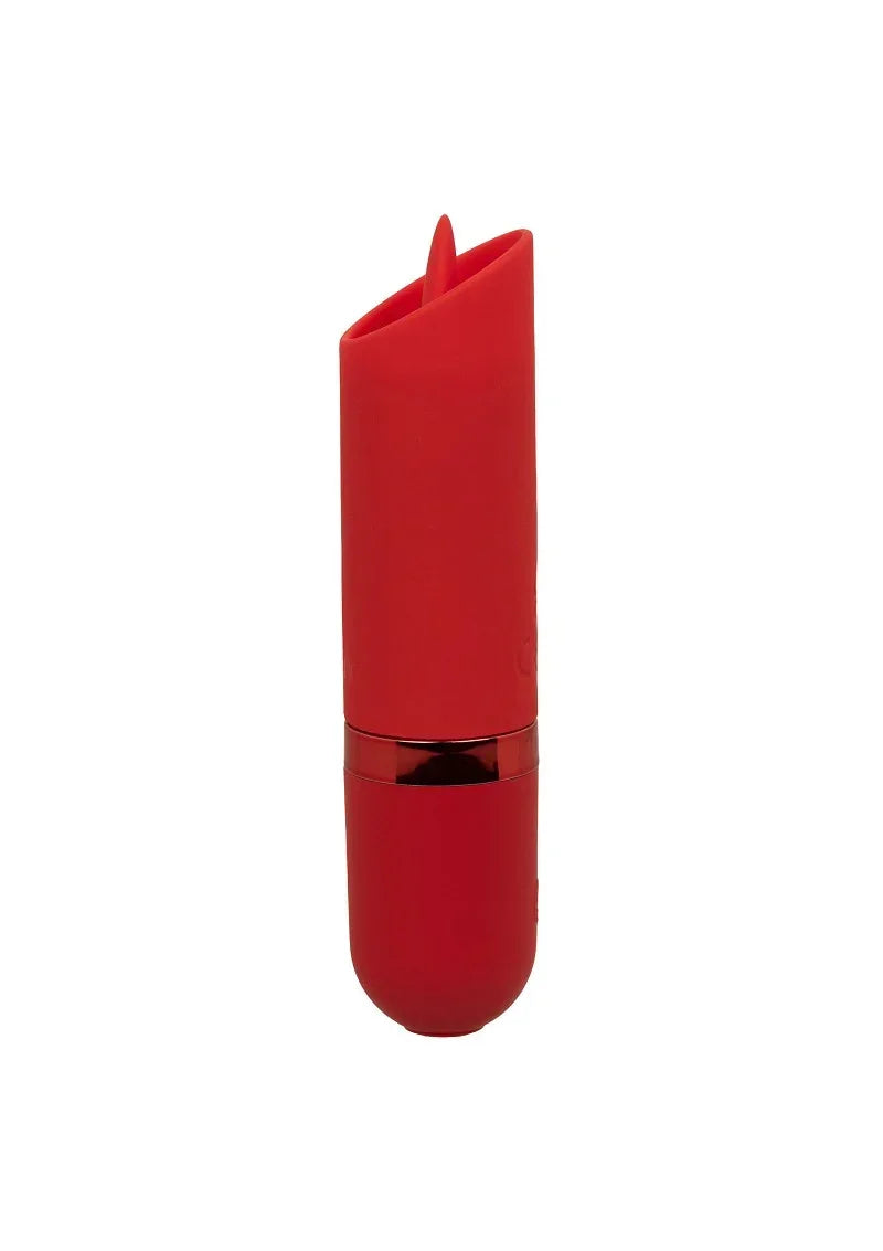 Rode lippenstiftvormige mini vibrator met opstaand puntje bovenaan en zwarte rand.
