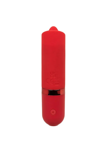 Rode lippenstiftvormige mini vibrator met knop op de onderzijde en zwarte sluitring.