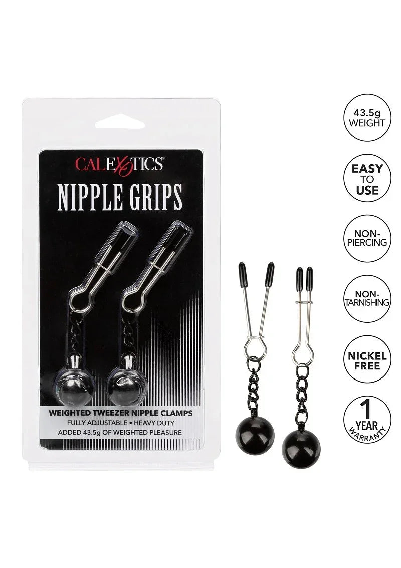 CalExotics Nipple Grips set in verpakking met twee nippelklemmen en zwarte ballen